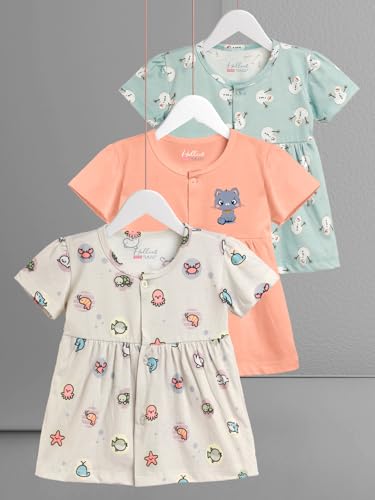 Image of HELLCAT 100% Cotton Baby Frock Dress for Girls - Pack of 3, Soft & Trendy, Short Sleeve