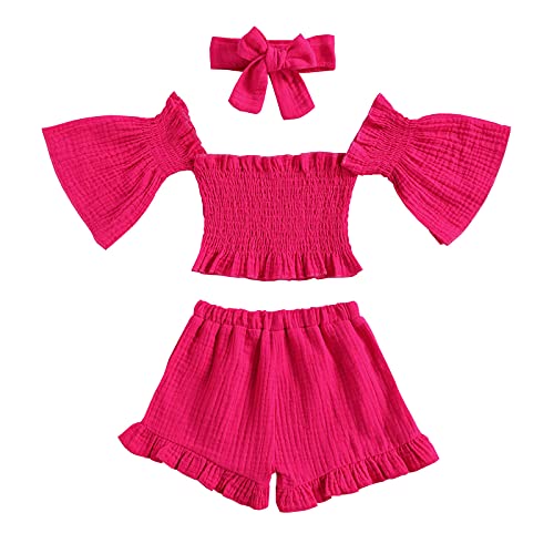 Toddler Baby Girl Shorts Set Off Shoulder Flare Sleeve Crop Tops Ruffle Shorts with Headband Summer 3Pcs Outfits(4-5years Old,Rosered)