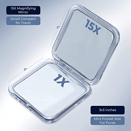 Small Compact 15X Magnifying Mirror For Travel - Handheld, Foldable & Lightweight - Mini Pocket-Sized Magnified Mirror For Purse - Square 3.3” X 3.3” #TOP4