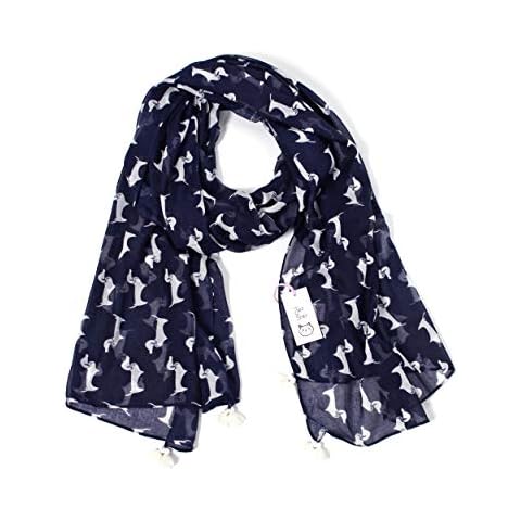 Anika Dali Bella Doxie Dachshund Dog Scarf with Tassels, Animal Lover Shawl (White Dog/Navy Blue Base) Cover