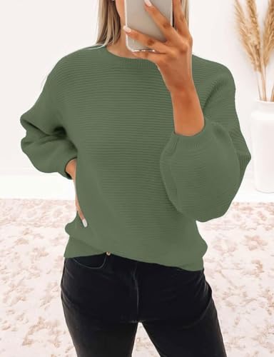 Image of ZESICA Women's Crew Neck Long Lantern Sleeve Fall 2026 Casual Loose Ribbed Knit Solid Soft Pullover Sweater Tops