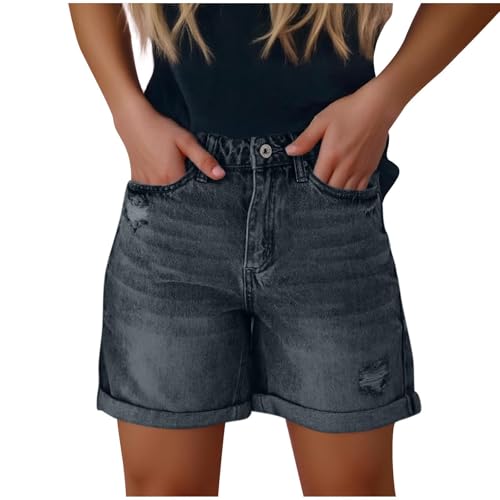2025 Pantalones Cortos Mujer Vaqueros Anchos con Cintura Alta Verano Casual Bermudas Shorts Jeans Comodos Elasticos Talla Grande Pantalon Corto Vaquero Elegantes Retro Original Denim Shorts Women