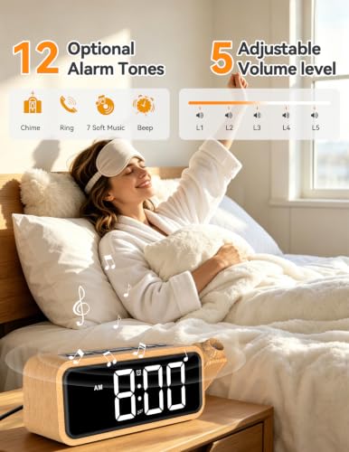 Netzu Wooden Projection Alarm Clock, Loud Digital Plug-in Clock with 180° Rotatable Projector, 5 Volumes, 12 Ringtones, Snooze for Bedroom Ceiling Wood Decor - Image 4
