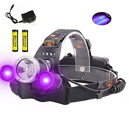 BESTSUN Tactical Blacklight Headlamp UV-Ultraviolet LED (1x Cree XML-T6 White LED and 2 x UV LEDs) 4 Modes 395-410nm Rechargeable Leak detector Cat-Dog-Pet Urine Detector (with Chager & Battery)