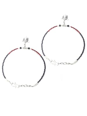 Priyaasi Red Black Stones Studded Silver Plated Oxidized Anklets