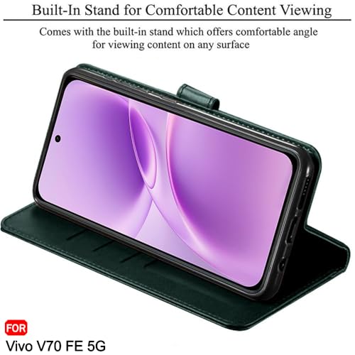Image of TheGiftKart Genuine Leather Finish Flip Back Cover Case for Vivo V70 FE 5G | Inbuilt Pockets & Stand | Wallet Style | Designer Button Magnet Flip Back Cover Case (Faux Leather, Green)