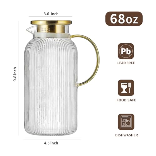 Buaic Glass Pitcher with Lid, 68 oz/2 Liter Classic Vertical Stripes Water Pitcher,Glass Water Carafe for Cold Brew, Coffee, Lemonade, Iced Sun Tea,Beverage,Milk, Heat Resistant by Buaic - Image 2