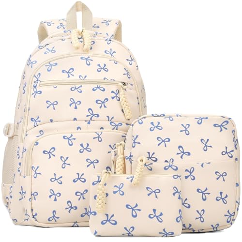 Coquette Bow Backpack 3Pcs Set - Cute Kawaii Daypack for Women/Girls | Multi-Pocket Aesthetic Rucksack with Pink Bow Pattern (Bow Blue)