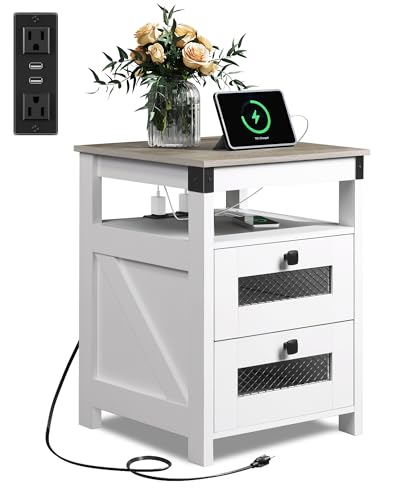 Image of WLIVE Nightstand with Charging Station, Farmhouse End Table, Bed Side Table with 2 Storage Drawers and Open Shelf, Wood Rustic Nightstands for Bedroom, White and Greige