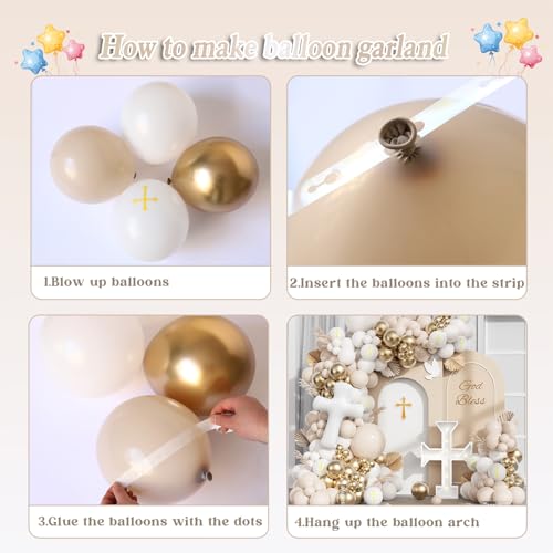 Baptism Decorations First Communion Decorations Balloons Kit,146 Pcs White Sand Gold Matte Neutral Nude Balloons for First Holy Communion Decorations God Bless Christening Party Birthday Supplies by Tesochye - Used condition - Image 3