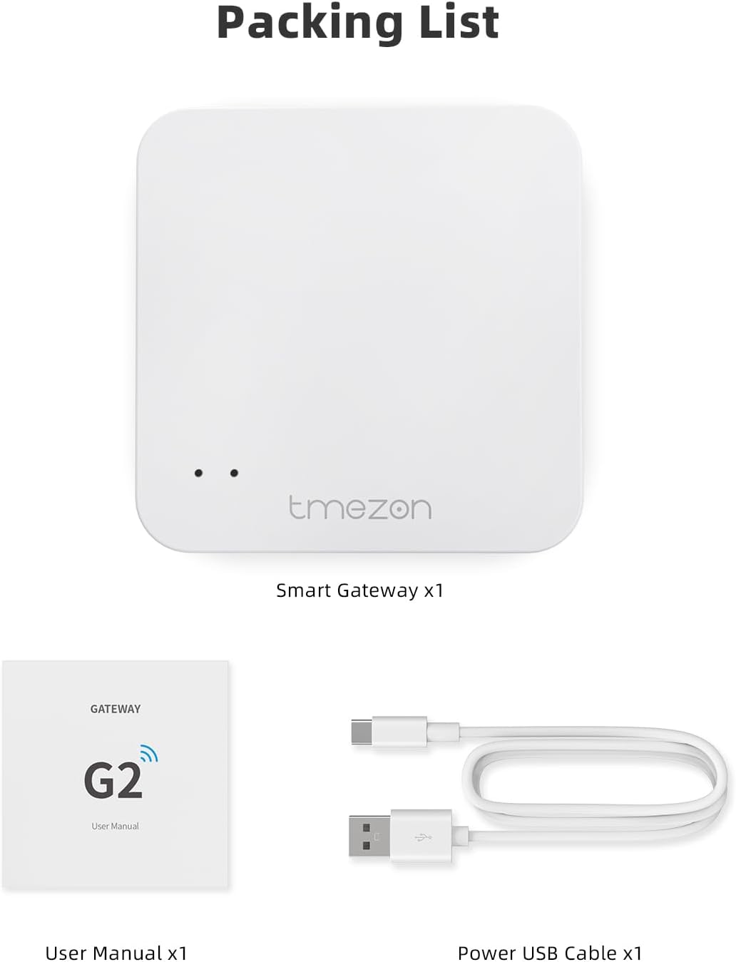Image showing the TMEZON Smart Gateway, User Manual, and Power USB Cable