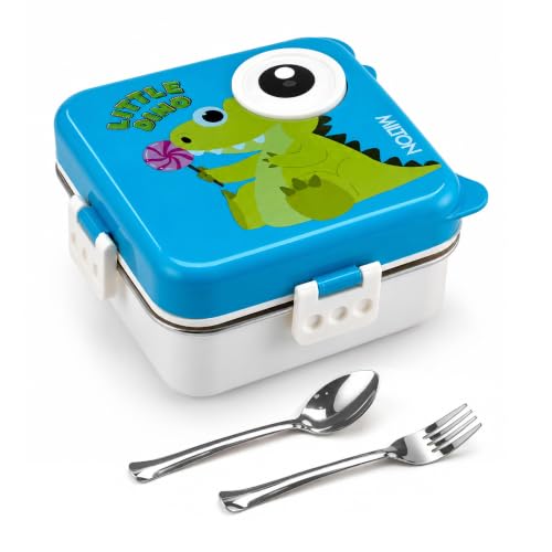 Image of MILTON Dino Pop Bento Stainless Steel Lunch Box, 3 Compartments, 4-Side Lock, with Tray, Spoon, Fork & Container for School, Office, Travel, BPA Free, 1120 ml + 70 ml, Blue