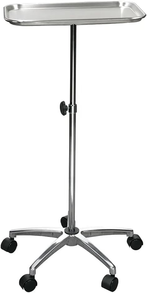 Multipurpose Stainless Steel Mayo Stand: Adjustable Height 75-123cm Rolling Tray for Hair Salons, Tattoos, & Dental Use – Durable Chrome Base with 5 Smooth-Glide Casters and Removable Top Tray