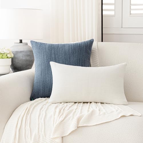 Image of Foindtower Set of 2 Decorative Textured Burlap Linen Throw Pillow Covers Farmhouse Boho Cushion Cover Solid Accent Pillowcase for Couch Sofa Bed Living Room Home Decor, 22x22 Inch,Navy Blue
