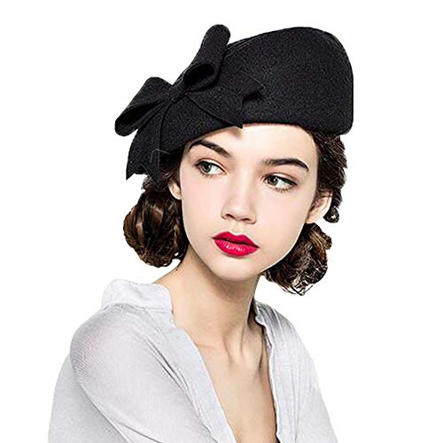F Fadves French Berets Caps Bowknot For Women Wool Beret Winter Cap Vintage Fascinator Hats Black cover