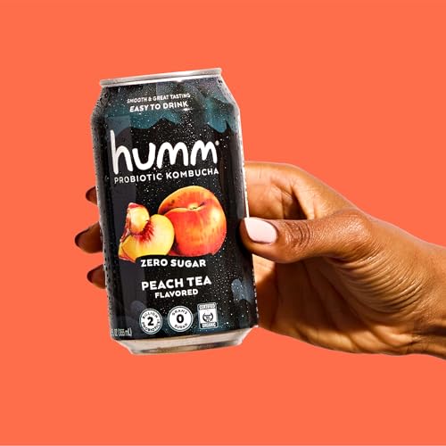 Humm Probiotic Kombucha Zero Sugar Peach Tea, No Refrigeration Needed, Keto Friendly, Organic, Vegan, Gluten Free, 12oz Cans (8 Pack)
