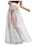 OYOANGLE Women's Sheer Mesh Maxi Flowy Skirt High Waist Vacation Concert Bridal A Line Long Skirts White Large