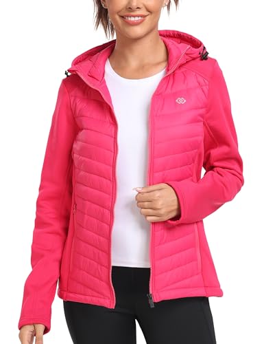 MoFiz Damen Fleecejacke Sportjacke Wanderjacke Outdoorjacke Running Winter Atmungsaktiv Jacke Hybridjacke Freizeitjacke Rosenrot 3XL