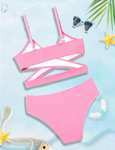 Image of Girls Swimsuit Bikini Set,Criss Cross Bathing Suits for Girl Two Piece Solid Color Girls' Swimwear for 7-16 Years