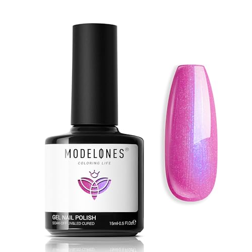 Modelones Pink Gel Nail Polish, 15ML 1Pc Shimmer Hot Pink Gel Polish Chameleon Nail Varnish Soak Off Led Summer Glitter Nail Polish for Women Girl Gifts
