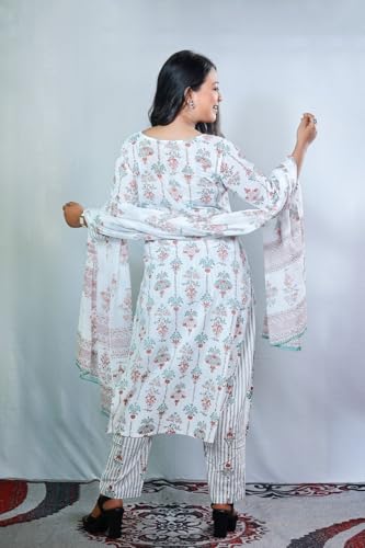 Pinkmint Kurta & Pant With Dupatta Set For Women '' V '' Neck Printed Straight Kurta Set Off White