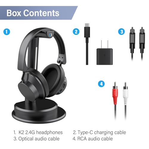 ANSTEN Wireless Headphones for TV Watching w/Balance Control, Digital Optical RCA AUX 2.4 GHz Transmitter Charging Dock, Roller Volume Control, 5 Sound Modes, No Audio Lag, Auto Power On