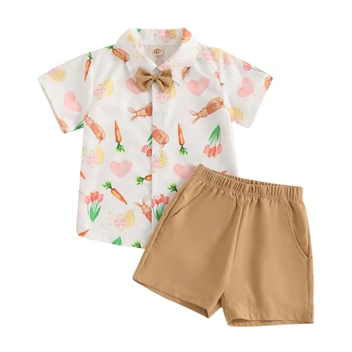 Image of Owl's-Yard Baby Boy Easter Outfits Rabbit Carrot Short Sleeve Button Down Shirts and Solid Color Shorts 2 Pcs Summer Set