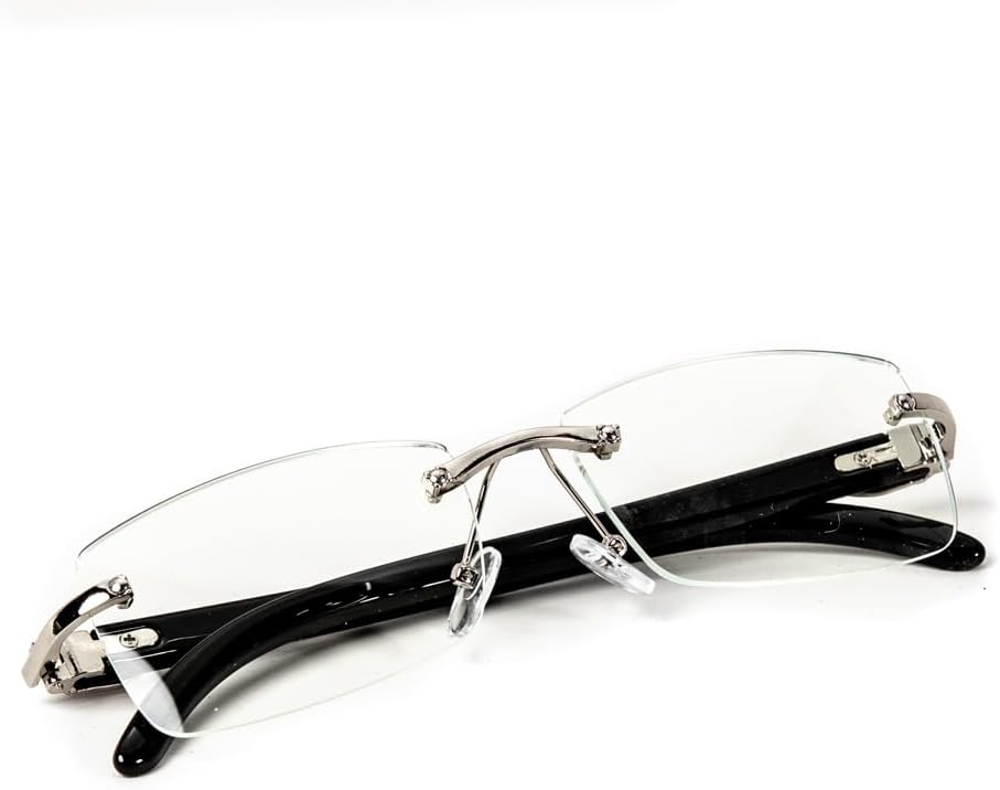 Retro 90's Rimless Luxury Men's Classic Rectangle Silver Metal Frame Eye Glasses Vintage Black Arm Square Hip Hop Clear Lens Rectangular Eye Glasses For Men - Image 3