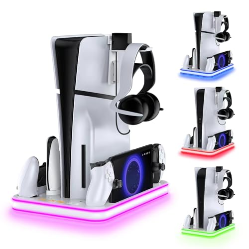 Charger Dock Compatible with PS Portal and PS5, PS5 Stand and Cooling Station with RGB LED Charging Dock, Edge Controller and Headset and Remote Holders - White