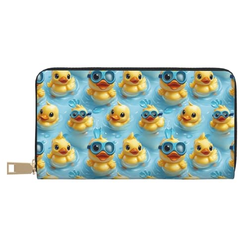 Cute Duck Swimming Print Wallet Women, Leather Bifold Multi Card Wallet, Long Purse Women's Wallets