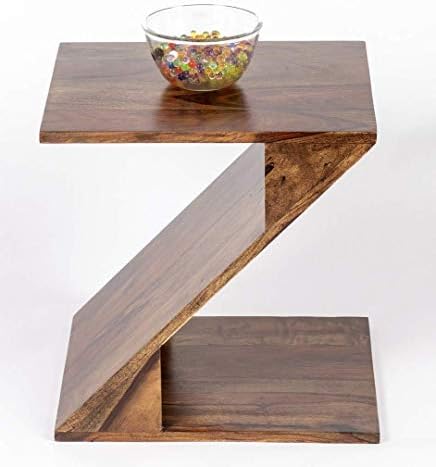 Sarswati Furniture Sheesham Wood Sofa Side End Table for Living Room | Wooden Side End Table | Telephone Table | Z Shape Shelf Storage | Natural Finish