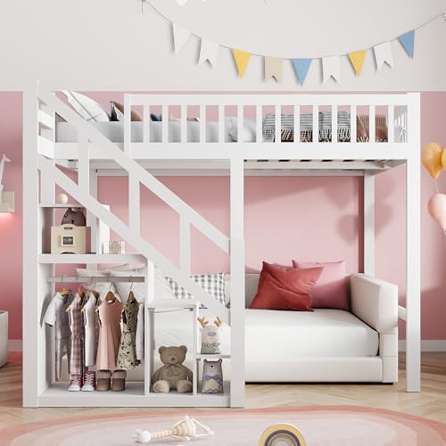 FOERPL Litera de 140 x 200 cm con valla segura y escalera de almacenamiento, litera blanca para niños y jóvenes – Estructura de madera estilo Montessori