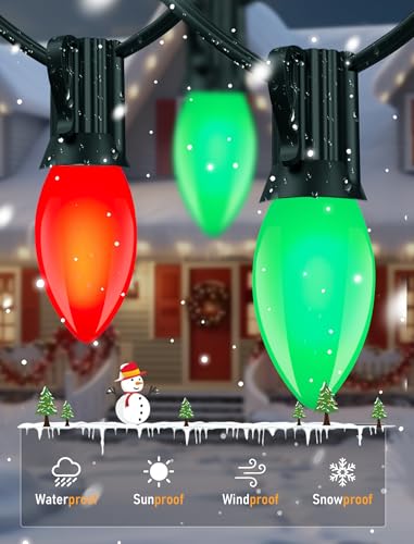Image of 25Ft C9 LED Christmas Lights Outdoor, C9 Red and Green Christmas String Lights with 26 LED Shatterproof Bulb, Hanging Vintage Christmas Lights for Patio Xmas Tree Roofline Wedding Party Backyard Decor
