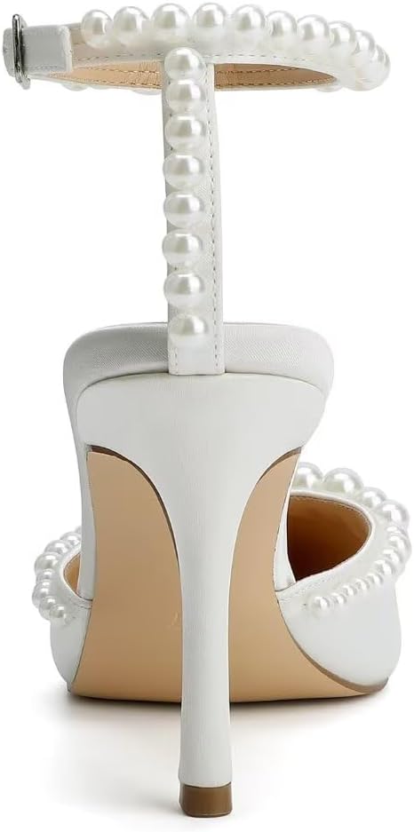High Heel Wedding Shoes for Bride Pointed Toe Bridal Shoes Pearl Heels Ankle Strap Wedding Pumps - Image 5