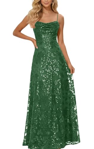 Fukbdz Emerald Green Prom Dresses for Women Backless Spaghetti Strap A Line Sequin Sparkly Tulle...