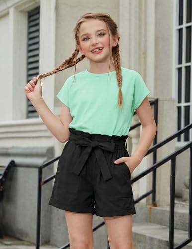 Image of Arshiner Girls 2 Piece Outfit Summer Drop Shoulder Batwing Sleeve Tops and Paperbag Waist Shorts Set Cute Clothing Size 6-14