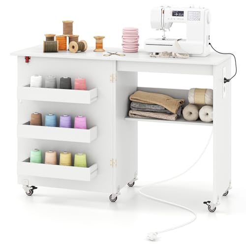 FANTASK 2 in 1 Zusammenklappbarer Nähtisch, Nähmaschinenschrank mit Ladestation, Regalen und abschließbaren Rädern, Nähtisch aus Holz, Mehrzweck-Bastelstation für Wohnzimmer, Schlafzimmer (Weiß)