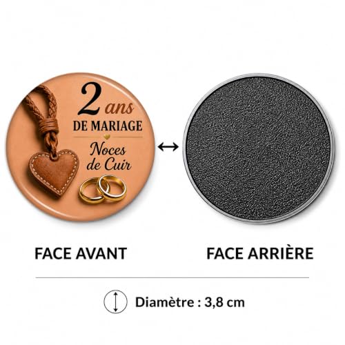 Badgmania Magnet Aimant 2 Ans de Mariage – Noces de Cuir – Cadeau Romantique Couple Élégant – Souvenir Anniversaire Raffiné – Fabriqué en France – Ø 38 mm – vue 5