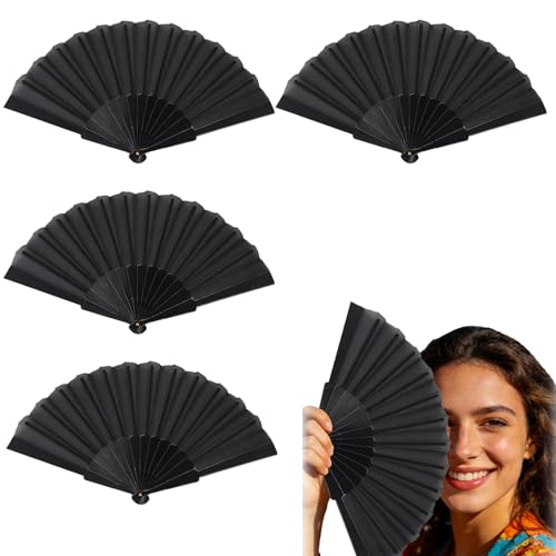 LEIIERUY Lot de 4 éventails Pliables Noirs – Éventails Chinois élégants pour été, fête, Danse, décoration de Mariage ou Maison