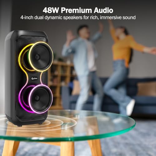 Image of pTron Fusion ONE 48W Bluetooth Party Speaker w /Pristine Stereo Sound, Dual 4 inch Neo Drivers, Rhythmic RGB Lights, 6Hrs Playtime, BT5.3 /Aux /TF Card /USB Playback Modes, Type-C Charging (Jet Black)