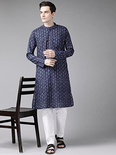 Image of See Designs Blue & White Cotton Regular Fit Mandarin Collar Printed Kurta Set