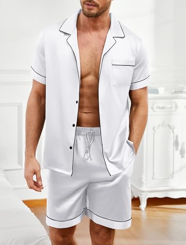 Vssjavun Mens Satin Silk Pajamas Sets Short Sleeve Button-Down Sleepwear Two Piece Loungewear with Pockets
