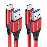 USB-C to USB A Data Cable 6ft, 2-Pack USB Type C 3A Fast Charging&10Gbps Superspeed Data Sync Cable for Android Auto, Samsung Galaxy, MacBook Pro, Google Pixel, SSD, OnePlus, USB C Charger-Red