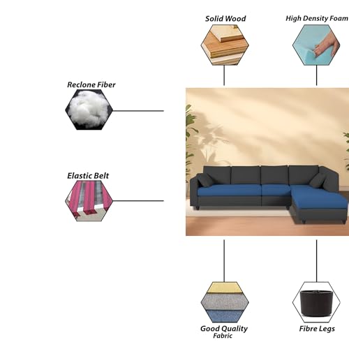 Image of Florian RHS 6 Seater L Shape Sofa Set for Living Room (Blue Black Fabric) Premium Fabric Sofa