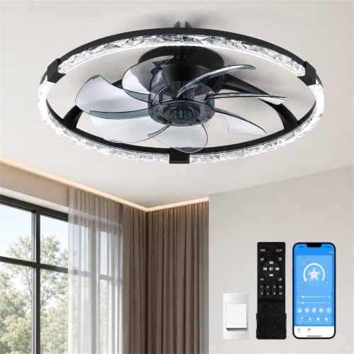 Lujeet Bladeless Ceiling Fan with Light 19.7 Inch, Modern Flush Mount Ceiling Fan, 3840LM, 6 Speeds, Reversible, APP and Remote, Sleep Mode for Bedroom and Office Black