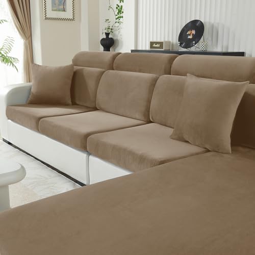 CYCMACO Funda Asiento Sofa Terciopelo Alta Elástica, Funda Cojin Sofa Ajustable Protector, Antideslizante, Separado, Universal, Lavable(1 Asiento, Camello)