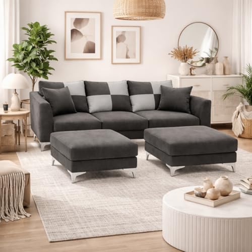 Image of Romeo 5 Seater L Shape Sofa Set with 2 Movable Ottomans | Flexible Layout | Rich Velvet Suede Fabric | Silver Legs | Modern Sofa for Living Room (Dark Grey)