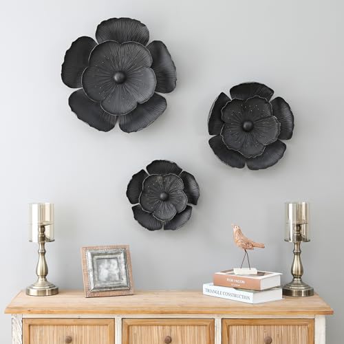 LuxenHome Handmade 3D Metal Flowers Wall Decor Metal Wall Hanging Sculptures Home Decor Floral Art Dark Gray with Gold Flower Decoration for Home Office Decor (Set of 3) - Image 3