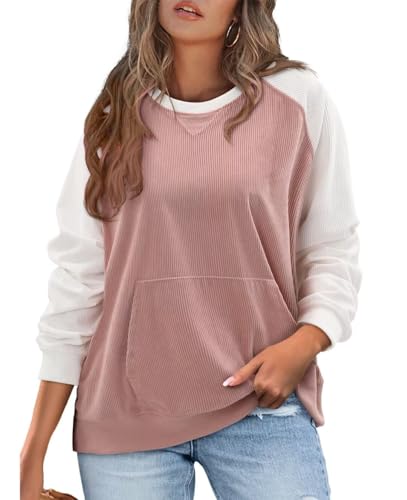 KISSMODA Women's Casual Long Sleeve Sweatshirt Color Block/Solid Crewneck Corduroy Pullover Cute Tops