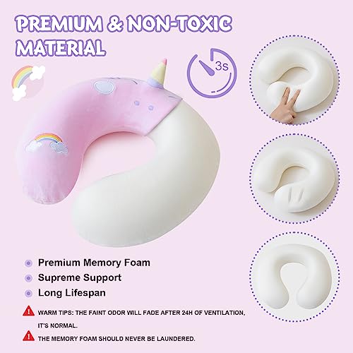 Cirorld Kids Travel Pillow Cute Neck Pillow Traveling Memory Foam Airplane Pillow with Sleep Mask Animal Flight Head Rest Neck Support for Cars Long Flights Sleeping Girls Boys-pink unicorn - Image 4